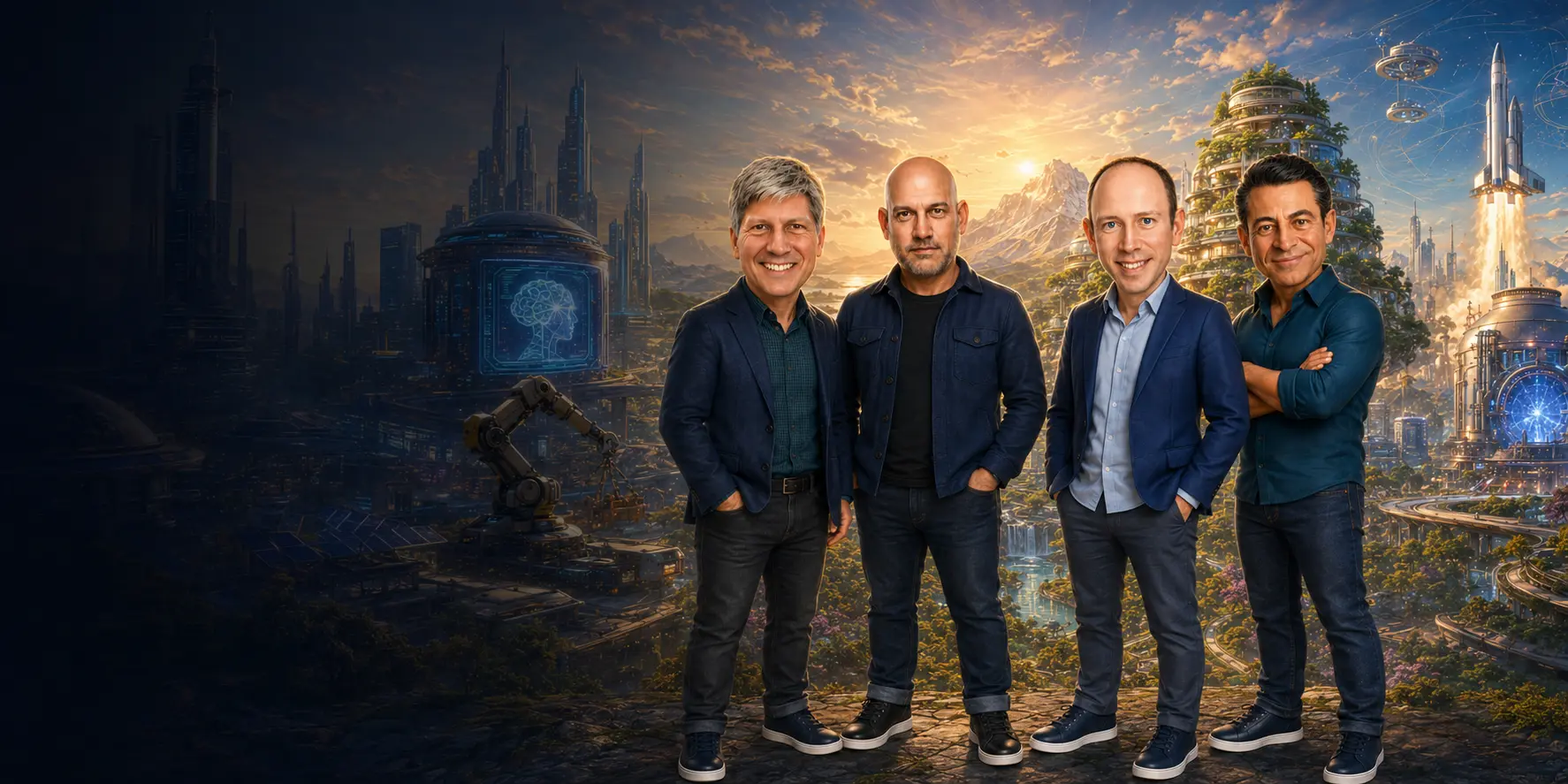 Stylized portraits of Peter Diamandis, Salim Ismail, Dave Blundin and Alex Wissner-Gross overlooking a hopeful future civilization.